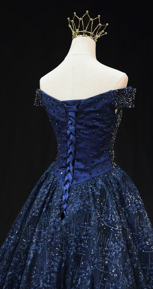 Gothic Navy Blue Off-Shoulder Ball Gown Wedding Dress - Sequin Wedding Dress - Strapless Glitter Dress Plus Size